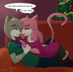 anthro blue_eyes breasts christmas_tree clothed clothing countershading dialogue duo female fully_clothed fur green_eyes grey_body grey_fur hair holidays imminent_kiss male male/female nuzzling pink_body pink_fur plant romantic romantic_ambiance romantic_couple text tree soupbag christmas vg_cats aeris_(vg_cats) leo_(vg_cats) domestic_cat felid feline felis mammal english_text