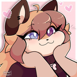 ahoge anthro anthro_focus blush clothing disembodied_hand duo female female_anthro female_focus fur hair heart_symbol heterochromia holding_face kemono solo_focus sweater topwear shifterfox shifter_(shifterfox) canid canine fox mammal 1:1 2025 digital_media_(artwork) hi_res portrait