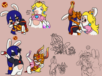 all_fours anthro armor bangs black_clothing black_eyeshadow black_shirt black_topwear blonde_hair blue_eyes blue_hair bodily_fluids bottomless bottomless_anthro bottomless_female breastplate brown_background buckteeth closed_frown clothed clothing crossed_arms crown duo ellipsis eyelashes eyes_closed eyeshadow featureless_crotch featureless_legs female female/female flat_chested frown fur gem glowing glowing_eyes gold_hair_ring gun hair half-closed_eyes handwear headgear helmet holding_gun holding_object holding_ranged_weapon holding_weapon horn horned_helmet inner_monologue leaning leaning_forward light long_ears long_hair makeup mitten_hands mittens motion_lines mouth_closed narrowed_eyes omg orb pink_clothing pink_shirt pink_topwear queen ranged_weapon red_clothing red_handwear red_mittens romantic romantic_couple royalty ruby_(gem) sapphire_(gem) shirt short_legs simple_background smile smiling_at_another smiling_at_each_other smoke standing stretching sweat taking_picture taking_selfie tan_body tan_inner_ear tan_skin teeth text thinking topwear weapon white_body white_fur yellow_eyes insertthenewblhere mario_bros mario_plus_rabbids_kingdom_battle nintendo raving_rabbids rayman_(series) ubisoft lava_queen rabbid_peach lagomorph mammal rabbid 2024 colored crossover digital_drawing_(artwork) digital_media_(artwork) english_description english_text lighting multiple_images