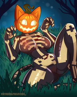 anthro bone claws female for_a_head gradient_background jack-o'-lantern markings pose pumpkin_head simple_background skeleton skeleton_(marking) solo tail text thick_thighs revkoen epic_games fortnite helloween spice_(fortnite) object_head 2025 absurd_res detailed digital_drawing_(artwork) digital_media_(artwork) hi_res url