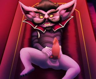 animal_genitalia anthro balls black_hair claws coffin dwarfism facial_hair genitals hair half_clothed hand_on_penis knot lying male mustache open_mouth penis pink_body red_penis scar solo teeth upholstery yellow_eyes doritomon league_of_legends riot_games tencent kled_(lol) vampire yordle absurd_res hi_res shaded