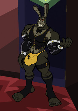 5_fingers 5_toes abs anthro balls_outline biceps big_muscles big_penis black_body black_fur black_nails black_nipples black_nose body_hair broad_shoulders buckteeth bulge butt chest_hair clothed clothing colored_nails crotch_tuft detailed_bulge escort feet fingers flaccid fur genital_outline genitals grey_body grey_fur handwear huge_muscles latex latex_clothing latex_handwear long_ears machine male muscular muscular_arms muscular_male nails navel nipples partially_clothed pecs penis penis_outline quads red_eyes small_waist smile snout solo teeth thong toes triceps tuft underwear yellow_clothing yellow_thong yellow_underwear rxq fan_character animatronic lagomorph leporid mammal rabbit robot 2023 digital_drawing_(artwork) digital_media_(artwork) flat_colors hi_res