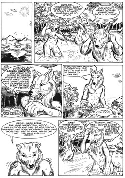 anthro barely_visible_genitalia barely_visible_vulva bathing breasts dialogue female genitals male nipples nude outside sun text vulva wet whiskers scale_(artist) canid canine canis mammal wolf comic english_text monochrome traditional_media_(artwork)