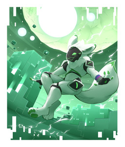 4_toes 5_fingers anthro big_tail border city city_background dipstick_ears dipstick_tail ear_markings feet fingers fur futuristic futuristic_city green_background green_body green_ear_tips green_face green_fingertips green_fur green_pawpads green_sky green_tail_tip happy machine male male_anthro markings multicolored_ears neck_tuft nude nude_anthro nude_male pawpads science_fiction screen screen_face simple_background sky smile solo tail tail_markings toes tuft white_arms white_background white_body white_border white_ears white_fur white_legs white_tail white_torso white_tuft gin-blade scalar_(davjo) protogen absurd_res hi_res male_(lore)