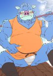 anthro belly blue_body blue_fur blush clothing fur humanoid_hands kemono male outside overweight overweight_anthro overweight_male sitting solo underwear ryuta-h dragon_quest square_enix mammal orc_(dragon_quest) orc_king_(dragon_quest) suid suine sus_(pig) wild_boar 2018 hi_res