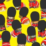 1:1 abstract_background ambiguous_gender clothing feral floppy_ears goruti group guard hat headgear headwear lagomorph leporid lop_ears mammal rabbit simple_background yellow_background