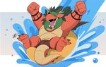 3_toes 4_fingers anthro clothed clothing feet fingers horn inflatable inflatable_ride inflatable_support inner_tube leaf male on_pool_toy on_swim_ring open_mouth orange_body pool_toy solo swim_ring swimming_trunks swimwear tail tattoo toes tongue tongue_out topless water wings hikazedragon mythology cain_(hikazedragon) dragon mythological_creature mythological_scalie scalie hi_res