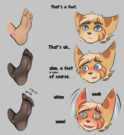 5_toes anthro blonde_hair blue_eyes blush brown_body brown_fur chart clothing dialogue disembodied_foot feet female female_anthro flustered foot_fetish foot_focus fur grey_background hair humanoid_feet legwear nylon open_mouth pantyhose plantigrade simple_background solo spiral spiral_eyes spread_toes text toes moomaid ratchet_and_clank sony_corporation sony_interactive_entertainment alice_lovage human lombax mammal 2024 digital_media_(artwork) english_text hi_res