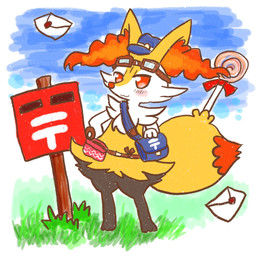 3_fingers 3_toes :3 ambiguous_anthro ambiguous_gender anthro arm_tuft biped black_body black_fur blue_clothing blue_hat blue_headwear blush blush_lines blush_stickers candy cheek_tuft chest_tuft closed_smile clothing delivery_(commerce) delivery_employee dessert digitigrade dipstick_tail eyewear eyewear_on_head facial_tuft fanny_pack feet fingers food front_view fur goggles goggles_on_head grass hand_on_hip hat headgear headwear hip_tuft inner_ear_fluff lollipop looking_at_viewer mail mailbag markings mostly_nude_ambiguous mostly_nude_anthro mouth_closed multicolored_body multicolored_fur no_pupils object_in_tail orange_body orange_eyes orange_fur orange_inner_ear_fluff orange_nose orange_tail_tip outside plant pointy_ears postal_carrier postal_delivery prick_ears shoulder_tuft sky smile solo standing tail tail_markings tapering_snout toes tuft two_tone_tail white_body white_fur yellow_body yellow_fur yellow_tail annyui0611 nintendo pokemon braixen canid generation_6_pokemon mammal pokemon_(species) 1:1 2021 digital_drawing_(artwork) digital_media_(artwork) flat_colors full-length_portrait hi_res japanese_description portrait translated_description