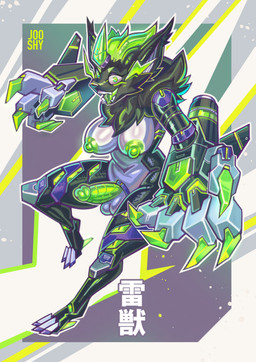 alternate_species anthro areola balls big_breasts black_body black_fur breasts crazy_eyes cybernetic_arm cybernetic_leg cybernetic_limb cybernetics erection fur genitals glans green_areola green_eyes green_glans green_hair green_nipples green_penis gynomorph hair humanoid_genitalia humanoid_penis intersex machine multicolored_body multicolored_fur neck_tuft nipples nude_anthro nude_gynomorph open_mouth penis solo text tuft two_tone_body two_tone_fur white_body white_fur jooshy nintendo pokemon dreik_(drakeraynier) cyborg felid feline generation_7_pokemon legendary_pokemon mammal pokemon_(species) zeraora 2026 digital_drawing_(artwork) digital_media_(artwork) hi_res japanese_text translation_request