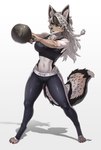 anthro bodily_fluids braided_hair claws clothing exercise female fur green_eyes hair leggings legwear multicolored_body multicolored_fur solo sportswear sweat white_body white_fur workout pgm300 valtzi canid canine canis jackal mammal side-striped_jackal 2023 hi_res