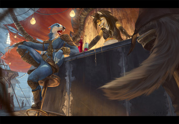 anthro blue_body blue_fur brown_body brown_fur claws detailed_background duo_focus fangs female finger_claws fluffy fluffy_tail fur furniture group latex male snout stool tail teeth white_body white_fur conditional_dnp royz fallout microsoft alyx_(latex) badger canid canine canis felid feline hybrid lynx mammal mustelid musteline wolf hi_res shaded