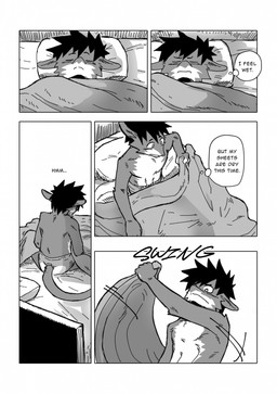 5_fingers anthro bed bed_sheet bedding bedwetting big_diaper bodily_fluids clothed clothing dialogue diaper fingers furniture genital_fluids grabbing grabbing_sheets headboard lying lying_on_bed male on_back on_bed onomatopoeia pillow sleeping solo sound_effects tail text thought_bubble unclean_diaper uncomfortable urine used_diaper wearing_diaper wet_diaper wetting kaaski jack_(kaaski) comic digital_drawing_(artwork) digital_media_(artwork) english_text hi_res monochrome