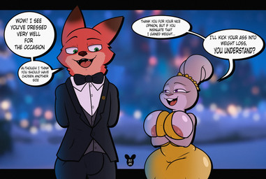 anthro areola areola_slip arm_under_breasts big_breasts black_tie_(suit) bow_tie breasts buckteeth bulge camel_toe clothing clothing_between_breasts dialogue dress duo ears_as_hair female female_anthro flirting green_eyes hair_bun_ears larger_anthro larger_male linked_speech_bubble male male/female male_anthro purple_eyes size_difference smaller_anthro smaller_female speech_bubble suit talking_to_another teeth text threatening tight_clothing tight_dress weight_conscious wide_hips luanctoons disney zootopia judy_hopps nick_wilde canid canine european_rabbit fox lagomorph leporid mammal oryctolagus rabbit red_fox true_fox 2025 absurd_res digital_media_(artwork) english_text hi_res