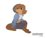 anthro barefoot biped black_nose blue_eyes bottomwear brown_body brown_fur brown_hair brown_tail clothed clothing eyelashes feet female fur hair hat headgear headwear looking_aside mouth_closed shorts sitting sitting_on_ground solo tail text letodoesart nira_(letodoesart) mammal mustelid otter 2024 artist_name full-length_portrait portrait