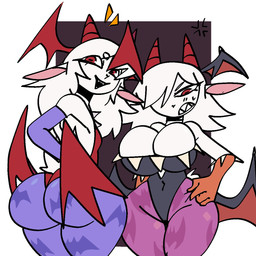 anthro big_breasts big_butt bodily_fluids breasts butt clothed clothed_anthro clothed_female clothed_male clothing cross-popping_vein curvy_figure duo eyebrows female female_anthro femboy geometric_background gloves hair hair_over_eye handwear head_wings hip_wings horn huge_butt legwear leotard looking_back male male_anthro membrane_(anatomy) membranous_wings navel navel_outline one_eye_obstructed open_mouth open_smile red_eyes red_horn red_wings sharp_teeth simple_background small_waist smile sweat sweatdrop teeth unusual_wing_placement white_background white_body white_hair wings xarop77 capcom darkstalkers raziel_(leafy_disaster) bovid caprine goat mammal 2025 colored digital_drawing_(artwork) digital_media_(artwork) hi_res brother_(lore) brother_and_sister_(lore) sibling_(lore) sister_(lore)