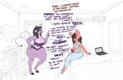 anthro aroused big_breasts bodily_fluids bottom_heavy breasts computer dialogue duo electronics erection eyes_closed female fur genital_fluids genitals gynomorph hand_on_penis hooves horn huge_breasts huge_thighs intersex laptop midriff open_mouth open_smile penis pink_body pink_fur pointed_tail precum profanity purple_body red_eyes simple_background sitting slightly_chubby slightly_chubby_anthro slightly_chubby_female smile standing text thick_thighs uncolored_background white_background zandyzolo bovid canid canine caprine demon fox goat mammal english_text hi_res
