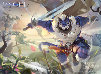 amazing_background anthro arrow_(weapon) black_body black_fur black_stripes blue_body blue_fur clothed clothing detailed_background feet flower foot_wraps fur holding_melee_weapon holding_object holding_sword holding_weapon logo looking_at_viewer male markings melee_weapon muscular muscular_anthro muscular_male outside petals plant ranged_weapon running running_towards_viewer serious solo striped_markings striped_tail stripes sword tail tail_markings text topless topless_anthro topless_male tree weapon white_body wraps crrispy_shark rigel_(skydtiger) felid mammal pantherine tiger 2020 artist_logo character_name detailed digital_media_(artwork) hi_res