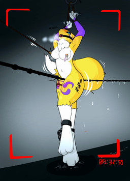 bdsm blush bodily_fluids bondage bound camera_view condom female filled_condom forced gag nipple_piercing nipples piercing raised_arm rope_walking saliva sexual_barrier_device solo tally_marks tears western_tally_marks siru bandai_namco digimon nintendo canid digimon_(species) mammal renamon hi_res
