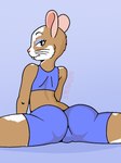 anthro bottomwear butt clothed clothing female looking_at_viewer simple_background smile solo whiskers ratmeals bojack_horseman netflix stefani_stilton mammal mouse murid murine rodent