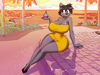 anthro beach big_breasts black_hair black_nose breasts clothing colored_nails crossgender curvy_figure dress female footwear fur grey_body grey_fur hair high_heels holding_perfume hourglass_figure huge_breasts long_legs minidress mtf_crossgender nails palm_tree perfume perfume_bottle pink_nails plant pose pumps sand sea seaside shoes short_dress smile solo sunset thick_thighs tight_clothing tight_dress tree water wide_hipped_anthro wide_hipped_female wide_hips yellow_clothing yellow_dress dracojeff phyco canid canine canis mammal wolf 4:3 pinup male_(lore)