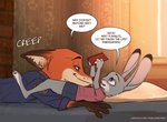 anthro bed clothed clothing detailed_background dialogue duo female fully_clothed furniture inside male on_bed purple_eyes speech_bubble text chakichakiman disney zootopia judy_hopps nick_wilde canid canine fox lagomorph leporid mammal rabbit red_fox true_fox 2020 comic english_text hi_res url