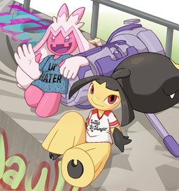 2_toes 5_fingers ambiguous_gender arm_support bangs black_body black_hair black_skin blue_clothing blue_shirt blue_topwear clothed clothing detailed_background duo eyelashes feet fingers gloves_(marking) graffiti hair hair_mouth hammer markings open_mouth pink_body pink_skin pseudo_hair railing red_clothing red_eyes red_shirt red_topwear sharp_teeth shirt sitting soles standing t-shirt teeth text text_on_clothing toes tools topwear weapon white_body white_clothing white_hair white_shirt white_skin white_topwear yellow_body yellow_skin mawaifu nintendo pokemon generation_3_pokemon generation_9_pokemon humanoid mawile pokemon_(species) tinkaton 2023 english_text signature