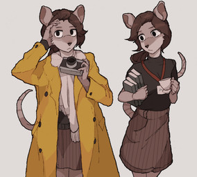 anthro book bottomwear brown_hair camera closed_book clothed clothed_anthro clothed_female clothing coat container cup female female_anthro front_view fully_clothed fully_clothed_anthro fully_clothed_female fur hair holding_book holding_camera holding_container holding_cup holding_mug holding_object lanyard mug multiple_outfits scarf skirt solo tail tan_body tan_fur topwear hhonchkrow234 mammal mouse murid murine rodent 2025 absurd_res hi_res