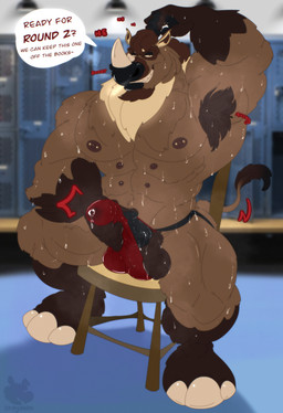 abs anthro areola armpit_fetish armpit_hair balls barazoku barbell_piercing beard bedroom_eyes big_balls black_penis bodily_fluids body_hair brown_body brown_fur chair clothed clothing erection excessive_sweat facial_hair fur furniture genital_fluids genitals growth horn jockstrap jockstrap_only locker_room looking_at_viewer male markings multi_nipple muscle_growth muscular muscular_anthro musk musk_cloud musky_armpit narrowed_eyes nipple_barbell nipple_piercing nipples on_chair onomatopoeia penis penis_grab piercing precum precum_through_clothing presenting_armpit raised_arm red_clothing red_jockstrap red_underwear seductive sharp_teeth snort solo sound_effects speech_bubble sweat teeth tenting text topless underwear underwear_only wet wet_clothing wrestler yellow_markings cray.awn flake_(flakewave) hornsweat mammal prehistoric_species rhinoceros woolly_rhinoceros 2025 absurd_res english_text hi_res