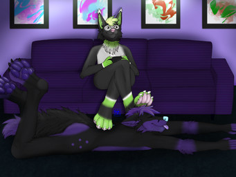 anthro black_body black_fur blep blue_nose cheek_tuft claws cozy dipstick_tail duo facial_tuft fur fur_markings furniture gaming living_room lying_on_ground male male/male markings on_ground pawpads paws purple_body purple_fur purple_pawpads purple_paws purple_tongue sitting sofa sparkles stepped_on stepping_on_head tail tail_markings tongue tongue_out tuft under_paws mayawolf kitsunaki renki canid canine fox mammal procyonid raccoon 2020 4:3 hi_res