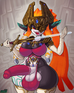 armor ball_bra balls big_balls big_breasts big_penis bottomwear bra breasts cleavage clothed clothing cock_sock crossgender ear_piercing erection footwear ftg_crossgender fti_crossgender fused_shadow genitals gloves gynomorph hair handwear headgear helmet holding_melee_weapon holding_object holding_sword holding_weapon huge_hips huge_thighs humanoid_pointy_ears intersex jewelry legwear loincloth looking_at_viewer markings melee_weapon multicolored_body not_furry one_eye_obstructed open_mouth orange_hair penis penis_clothing piercing pointy_ears red_eyes socks solo sword thick_thighs thigh_highs thong two_tone_body underwear weapon wide_hips yellow_sclera snao nintendo the_legend_of_zelda twilight_princess midna humanoid imp twili