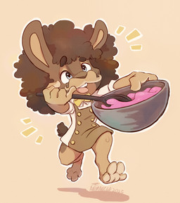 action_pose afro anthro baker baking biped blue_eyes brown_body brown_fur clothed clothed_anthro clothing cooking facial_hair front_view fur mustache outline paws pose running solo text animancer lagomorph leporid mammal rabbit 2025 artist_name brown_theme cel_shading dated digital_drawing_(artwork) digital_media_(artwork) hi_res shaded