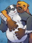 anthro belly black_body black_fur black_nose brown_body brown_fur duo eyes_closed fur hug hugging_another hugging_from_behind humanoid_hands male male/male moobs nipples overweight overweight_male tongue tongue_out white_body white_fur k-9 badger bear mammal mustelid musteline 2022 hi_res