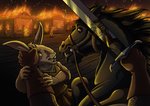 anthro bridle burning burning_alive burning_building death dying feral fire group horseback horseback_riding male melee_weapon neigh reflection reins riding saddle sword village weapon wheresmyale equid equine horse lagomorph leporid lizard mammal monitor_lizard rabbit reptile scalie hi_res