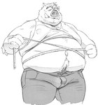 anthro belly big_belly bottomwear clothed clothing humanoid_hands kemono male moobs overweight overweight_male pants raised_clothing raised_shirt raised_topwear shirt simple_background solo topwear yamakake mammal suid suina sus_(pig) wild_boar 2022 greyscale monochrome