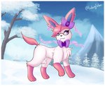 animal_genitalia balls eyewear feral foggy_background fully_sheathed fur genitals glasses male mountain pink_body pink_fur plant purple_eyes purple_ribbon sheath sky snow solo tree wearing_glasses white_body white_fur ludwigsilver nintendo pokemon codeon_the_sylveon eeveelution generation_6_pokemon pokemon_(species) sylveon hi_res