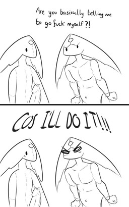 2_horns 2_panel_comic belly black_eyes black_text blush blush_lines dialogue exclamation_point eyebrows fingers forehead_gem gem genitals horn male nude penis plushie profanity question_mark simple_background solo text white_background latiar hollow_knight_(franchise) team_cherry harrold_(latiar) arthropod 5:8 comic english_text hi_res monochrome sketch