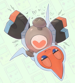 1_eye :3 ambiguous_gender blue_body blue_eyes blush blush_lines duo electricity feral grey_body heart_eyes heart_symbol magnet narrowed_eyes orange_body pattern_background red_body screw simple_background white_sclera llametsul nintendo pokemon generation_1_pokemon generation_4_pokemon magnemite normal_rotom pokemon_(species) rotom 2026 colored hi_res shaded