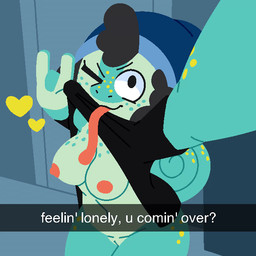 4_fingers anthro black_clothing black_eyes black_shirt black_topwear blue_clothing blue_hat blue_headwear breasts caption caption_box cinemagraph clothed clothing clothing_lift curled_tail curly_hair detailed_background devil_horns_(gesture) door female fingers genitals gesture green_body green_scales green_spots hair hand_gesture hat headgear headwear heart_symbol high-angle_view long_tail looking_at_viewer markings medium_breasts navel nipples non-mammal_breasts non-mammal_navel non-mammal_nipples one_eye_closed pink_nipples scales selfie shirt shirt_lift smile solo spots standing tail text tongue tongue_out topwear vulva wink winking_at_viewer yellow_body yellow_heart yellow_scales yellow_spots fringession kimmy_(felino) chameleon lizard reptile scalie 1:1 2024 2_frame_animation aliasing animated digital_media_(artwork) english_text frame_by_frame hi_res lineless loop