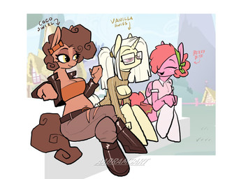 anthro belt big_breasts boots bottomwear breasts brown_body brown_clothing brown_fur brown_mane brown_sweater brown_tail brown_topwear cartoon_freckles cleavage cleavage_cutout clothed clothing curvy_figure cutout denim denim_bottomwear denim_clothing eyelashes eyewear feathered_wings feathers female footwear freckled_face freckles fur glasses group hair hair_over_eye hooves horn jacket jeans leather leather_boots leather_clothing leather_footwear leather_jacket leather_topwear lidded_eyes long_eyelashes long_mane long_tail mane mane_over_eye midriff narrowed_eyes orange_clothing orange_topwear orange_tube_top pants pink_body pink_clothing pink_eyes pink_fur pink_mane pink_shirt pink_t-shirt pink_tail pink_topwear ponytail rectangular_glasses shirt shoes short_mane sitting skirt smile snout sweater t-shirt tail text thick_thighs topwear torn_bottomwear torn_clothing torn_jeans torn_pants trio tube_top voluptuous voluptuous_anthro voluptuous_female white_mane white_tail wings yellow_body yellow_eyes yellow_fur aabramsart hasbro my_little_pony mythology berry_bite coco_swirl fan_character vanilla_swiss earth_pony equid equine horse mammal mythological_creature mythological_equine pegasus pony unicorn 2025 artist_name digital_drawing_(artwork) digital_media_(artwork) hi_res watermark