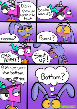 angry annoyed anthro blush dialogue duo eye_contact flustered looking_at_another male screaming sharp_teeth speech_bubble surprised teeth text thought_bubble ddfreakyart glitch_productions the_amazing_digital_circus jax_(tadc) zooble_(tadc) animate_inanimate humanoid lagomorph leporid mammal rabbit comic english_text hi_res nonbinary_(lore)