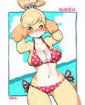 anthro bell big_breasts bikini blonde_hair blush bodily_fluids breasts cleavage clothed clothing cloud female hair looking_at_viewer open_mouth outside red_bikini red_clothing red_swimwear sea short_hair skindentation sky solo standing sweat swimwear two-piece_swimsuit water white_eyes kenron_toqueen animal_crossing nintendo isabelle_(animal_crossing) canid canine canis domestic_dog mammal shih_tzu toy_dog compression_artifacts hi_res