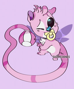 antennae_(anatomy) black_eyes blue_nose chest_tuft eyebrows fur insect_wings long_tail looking_at_viewer object_in_mouth one_eye_closed pacifier pacifier_in_mouth pink_background pink_body pink_fur purple_wings raised_inner_eyebrows rattle simple_background smile solo tail tuft wings sugarcookles cc-by-nc-nd creative_commons disney lilo_and_stitch babyfier alien experiment_(lilo_and_stitch) 2018 digital_drawing_(artwork) digital_media_(artwork) hi_res pink_theme watermark