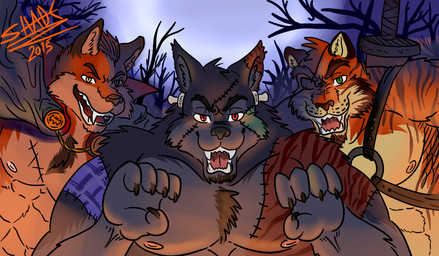 abs anthro chest_tuft claws clothing costume fangs frankestein fur group holidays male manly muscular night pecs scar stripes teeth tuft warrior white_body white_fur shade_the_wolf halloween shade_(shade_the_wolf) canid canine canis felid fox mammal pantherine tiger vampire wolf 2015