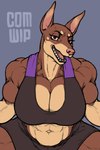 anthro big_breasts bottomwear bra breasts brown_body brown_eyes brown_fur clothing female fur huge_breasts muscular muscular_female shorts solo sports_bra underwear ser_halo tracy_porter canid canine canis dobermann domestic_dog mammal pinscher hi_res