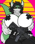 anthro big_breasts breasts clothing curvy_figure eyewear female gun huge_breasts looking_at_viewer muscular muscular_anthro muscular_female nipple_tape non-mammal_breasts pasties ranged_weapon sharp_teeth solo sunglasses tape teeth thick_thighs tight_clothing vein veiny_muscles voluptuous weapon eda fish marine shark hi_res