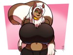 anthro arm_tuft big_breasts breasts clothed clothing ear_piercing ear_ring female green_eyes green_sclera hair huge_breasts long_hair looking_at_viewer navel neck_tuft piercing ring_piercing smile solo tuft white_hair freckles_(artist) bry canid canine canis coyote hybrid mammal mephitid skunk 2021 4:3 digital_media_(artwork) hi_res signature