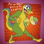 abstract_background anthro blue_stripes casual_nudity green_body holding_object inflatable_toy male markings purple_stripes smug solo stripes text wide_hips yellow_markings gavanzude gex_(series) gex_the_gecko gecko lizard reptile scalie alternate_version_at_paywall digital_drawing_(artwork) digital_media_(artwork) english_text hi_res signature