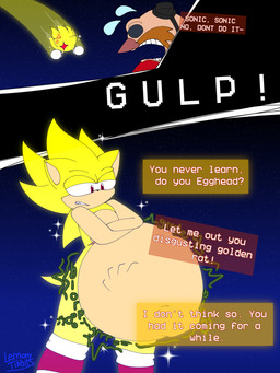 3_panel_comic abdominal_bulge annoyed annoyed_pred anthro bodily_fluids clothing cross-popping_vein crossed_arms dialogue dialogue_box duo footwear fur hand_imprint human_prey imprint male male/male male_pred male_prey mastectomy_scar motion_lines onomatopoeia red_clothing red_eyes red_footwear red_shoes red_sneakers rumbling_stomach scar shoes sneakers sound_effects space sweat sweatdrop text unwilling_prey vore yellow_body yellow_fur lemonytibbits sega sonic_the_hedgehog_(series) dr._eggman sonic_the_hedgehog super_sonic eulipotyphlan hedgehog human mammal 2024 colored english_text hi_res watermark
