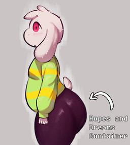 anthro big_butt bottomwear brown_bottomwear brown_clothing brown_pants butt clothing floppy_ears fur green_clothing green_sweater green_topwear hair male pants pattern_clothing pattern_sweater pattern_topwear red_eyes side_view solo striped_clothing striped_sweater striped_topwear stripes sweater tail text thick_thighs topwear white_body white_fur white_hair young young_anthro astonarts evil_container undertale undertale_(series) asriel_dreemurr bovid caprine goat mammal 2026 absurd_res english_text hi_res meme